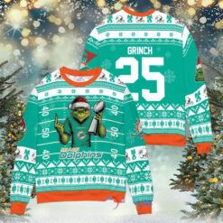 Miami Dolphins x Grinch Christmas Dr. Seuss How the Grinch Stole Christmas with Super Bowl Trophy Custom Ugly Christmas Sweater