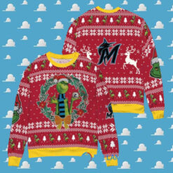 Miami Marlins x Grinch Dr. Seuss How the Grinch Stole Christmas MLB with World Series Trophy Ugly Christmas Sweater Red