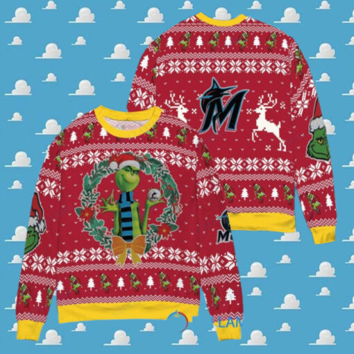 Miami Marlins x Grinch Dr. Seuss How the Grinch Stole Christmas MLB with World Series Trophy Ugly Christmas Sweater Red