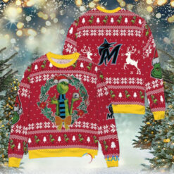 Miami Marlins x Grinch Dr. Seuss How the Grinch Stole Christmas MLB with World Series Trophy Ugly Christmas Sweater Red