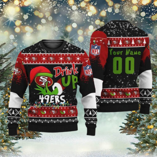 NFL San Francisco 49ers Football Custom Name Grinch Drink Up 2024 Gift For Holiday Ugly Christmas Sweater