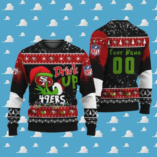 NFL San Francisco 49ers Football Custom Name Grinch Drink Up 2024 Gift For Holiday Ugly Christmas Sweater