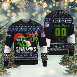 NFL Seattle Seahawks Football Custom Name Grinch Drink Up 2024 Gift For Holiday Ugly Christmas Sweater