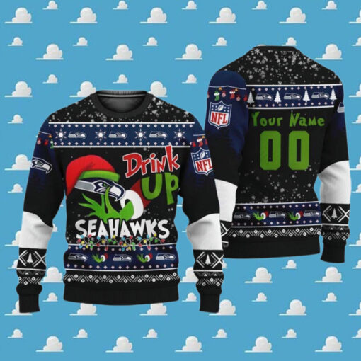 NFL Seattle Seahawks Football Custom Name Grinch Drink Up 2024 Gift For Holiday Ugly Christmas Sweater