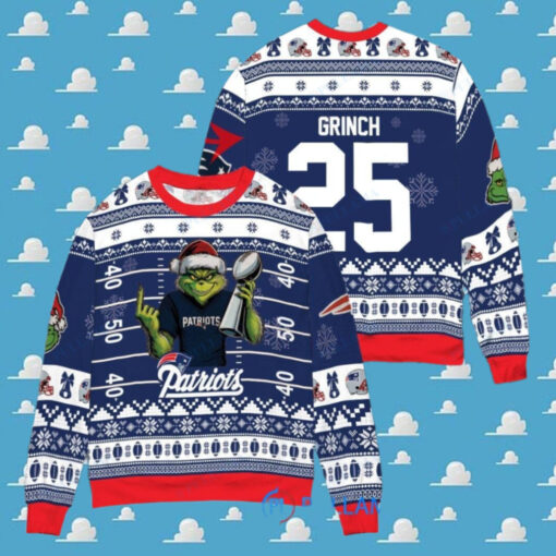 New England Patriots x Grinch Christmas Dr. Seuss How the Grinch Stole Christmas with Super Bowl Trophy Custom Ugly Christmas Sweater