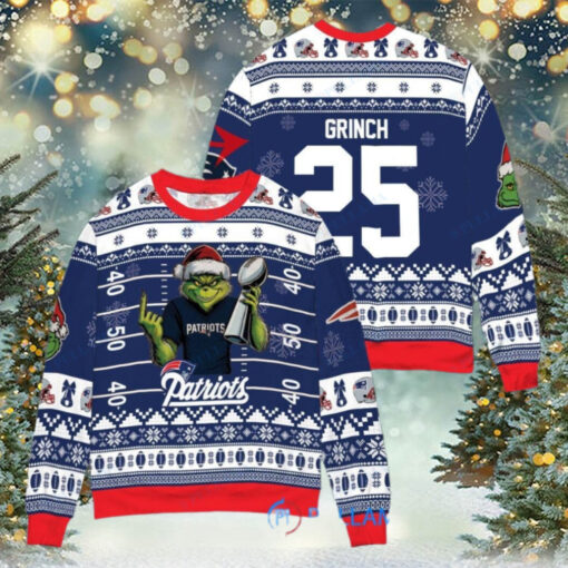 New England Patriots x Grinch Christmas Dr. Seuss How the Grinch Stole Christmas with Super Bowl Trophy Custom Ugly Christmas Sweater