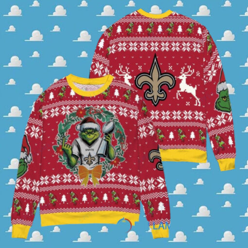 New Orleans Saints x Grinch NFL Dr. Seuss How the Grinch Stole Christmas with Super Bowl Trophy Ugly Christmas Sweater Red