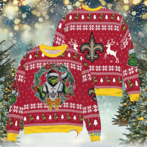 New Orleans Saints x Grinch NFL Dr. Seuss How the Grinch Stole Christmas with Super Bowl Trophy Ugly Christmas Sweater Red