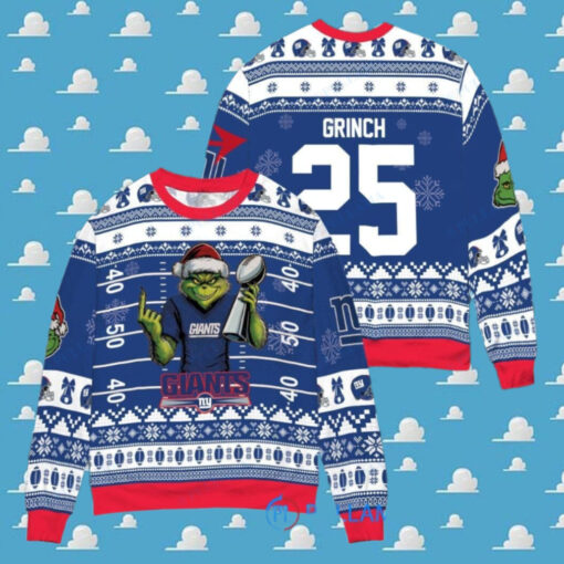 New York Giants x Grinch Christmas Dr. Seuss How the Grinch Stole Christmas with Super Bowl Trophy Custom Ugly Christmas Sweater