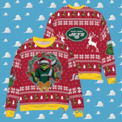 New York Jets x Grinch NFL Dr. Seuss How the Grinch Stole Christmas with Super Bowl Trophy Ugly Christmas Sweater Red