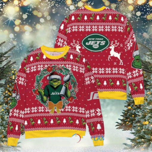 New York Jets x Grinch NFL Dr. Seuss How the Grinch Stole Christmas with Super Bowl Trophy Ugly Christmas Sweater Red