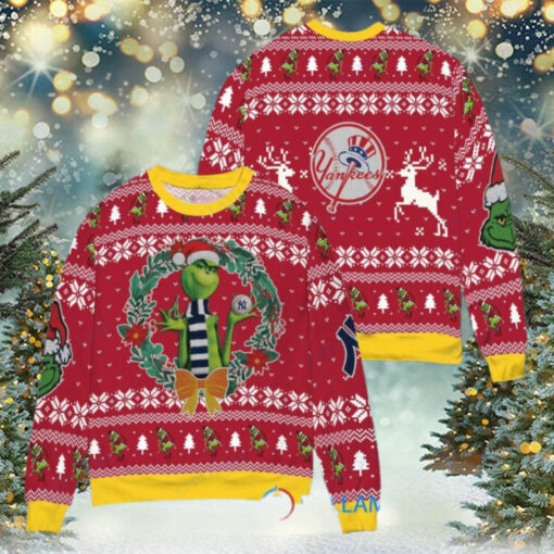 New York Yankees x Grinch Dr. Seuss How the Grinch Stole Christmas MLB with World Series Trophy Ugly Christmas Sweater Red