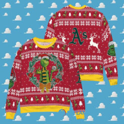 Oakland Athletics x Grinch Dr. Seuss How the Grinch Stole Christmas MLB with World Series Trophy Ugly Christmas Sweater Red