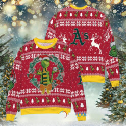 Oakland Athletics x Grinch Dr. Seuss How the Grinch Stole Christmas MLB with World Series Trophy Ugly Christmas Sweater Red