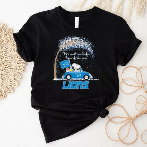 Official Detroit Lions Snoopy And Woodstock Driving Car It’s Most Wonderful Time Of The Year Shirt