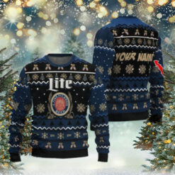 Personalized Miller Lite Pine Tree Snowing Christmas Ugly Sweater