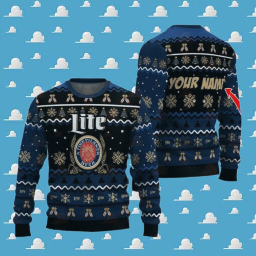 Personalized Miller Lite Pine Tree Snowing Christmas Ugly Sweater