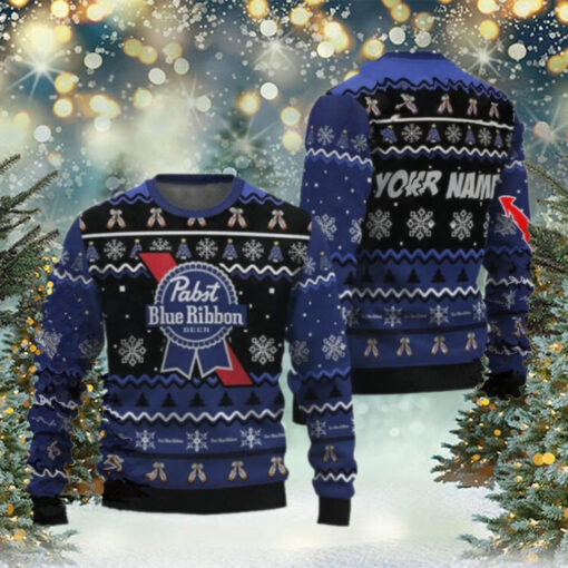 Personalized Pabst Blue Ribbon Pine Tree Snowing Christmas Ugly Sweater