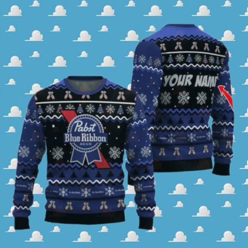 Personalized Pabst Blue Ribbon Pine Tree Snowing Christmas Ugly Sweater