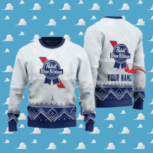 Personalized Pabst Blue Ribbon Winter Reindeer Ugly Sweater