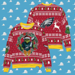 Philadelphia Eagles x Grinch NFL Dr. Seuss How the Grinch Stole Christmas with Super Bowl Trophy Ugly Christmas Sweater Red