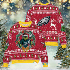 Philadelphia Eagles x Grinch NFL Dr. Seuss How the Grinch Stole Christmas with Super Bowl Trophy Ugly Christmas Sweater Red