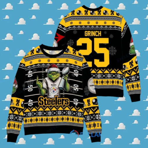 Pittsburgh Steelers x Grinch Christmas Dr. Seuss How the Grinch Stole Christmas with Super Bowl Trophy Custom Ugly Christmas Sweater