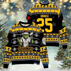 Pittsburgh Steelers x Grinch Christmas Dr. Seuss How the Grinch Stole Christmas with Super Bowl Trophy Custom Ugly Christmas Sweater