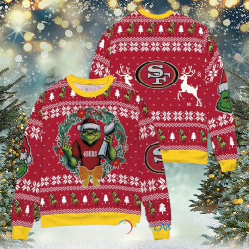 San Francisco 49ers x Grinch NFL Dr. Seuss How the Grinch Stole Christmas with Super Bowl Trophy Ugly Christmas Sweater Red