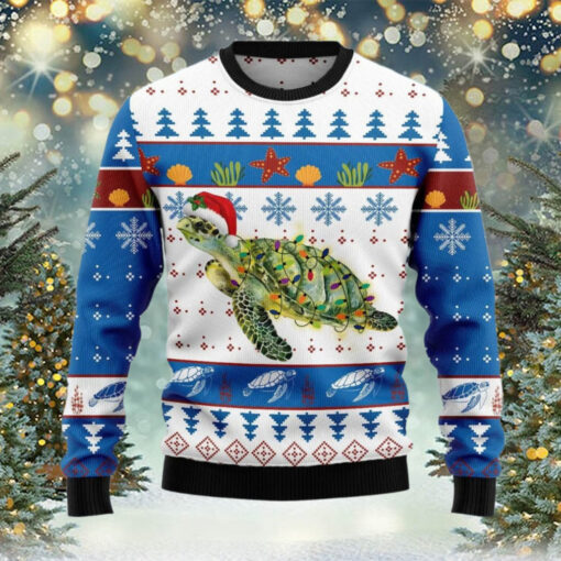 Sea Turtle Christmas Lights Funny Santa Hat Ugly Sweater