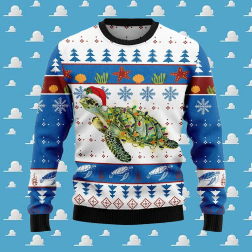 Sea Turtle Christmas Lights Funny Santa Hat Ugly Sweater