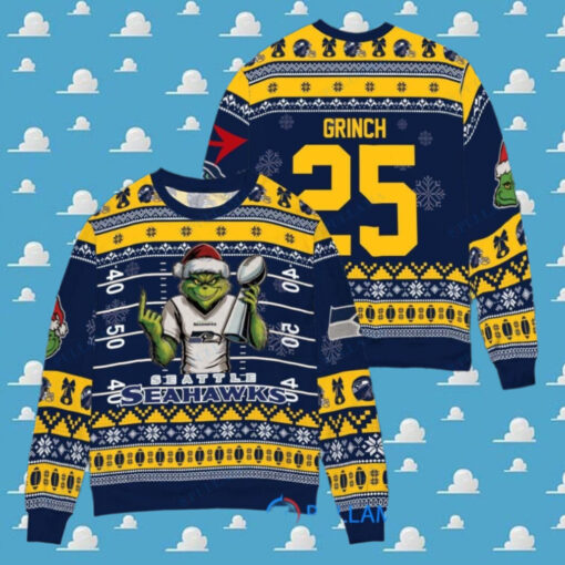 Seattle Seahawks x Grinch Christmas Dr. Seuss How the Grinch Stole Christmas with Super Bowl Trophy Custom Ugly Christmas Sweater