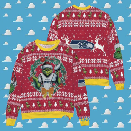 Seattle Seahawks x Grinch NFL Dr. Seuss How the Grinch Stole Christmas with Super Bowl Trophy Ugly Christmas Sweater Red