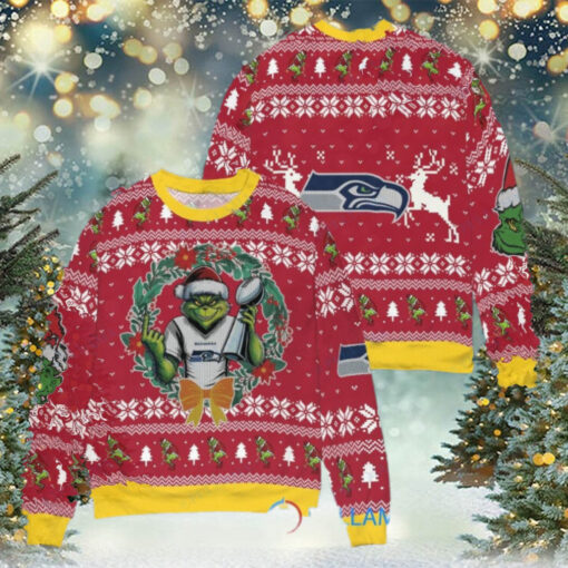 Seattle Seahawks x Grinch NFL Dr. Seuss How the Grinch Stole Christmas with Super Bowl Trophy Ugly Christmas Sweater Red