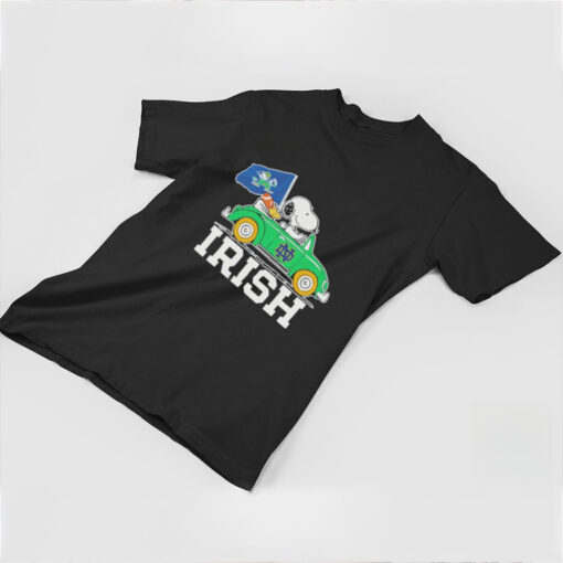 Snoopy And Woodstock Notre Dame Fighting Irish Driving Car Irish Flag Shirt