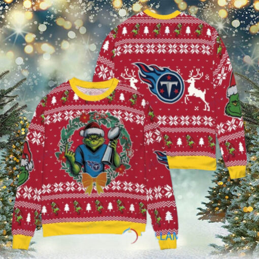 Tennessee Titans x Grinch NFL Dr. Seuss How the Grinch Stole Christmas with Super Bowl Trophy Ugly Christmas Sweater Red