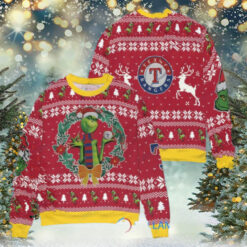 Texas Rangers x Grinch Dr. Seuss How the Grinch Stole Christmas MLB with World Series Trophy Ugly Christmas Sweater Red