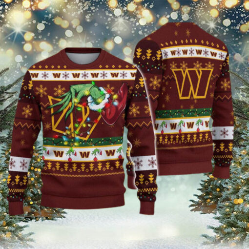 Washington Commanders NFL Special Grinchs Hand Football Xmas Holiday Ugly Christmas Sweater