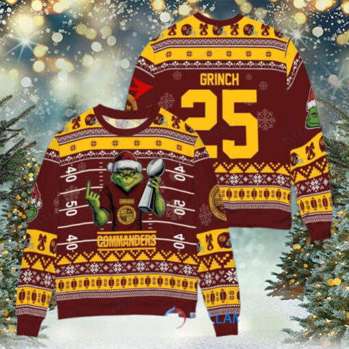 Washington Commanders x Grinch Christmas Dr. Seuss How the Grinch Stole Christmas with Super Bowl Trophy Custom Ugly Christmas Sweater