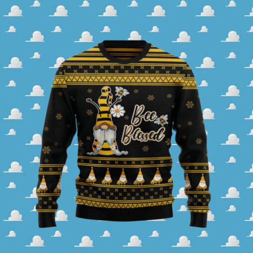 Yellow And Black Gnome With Flowers Bee Blessed Gift For Christmas Ugly Christmas Sweater