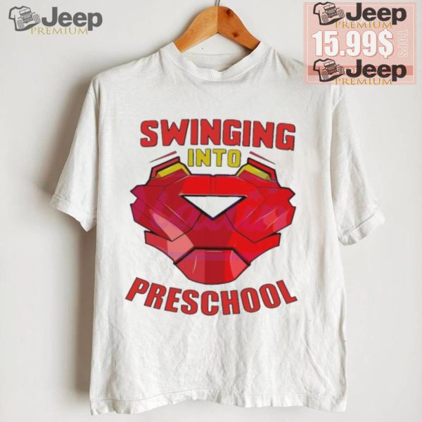 Iron man swinging into preschool shirt3