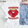 Iron man swinging into preschool shirt0