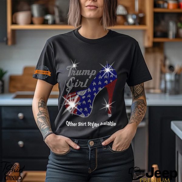 Trump Girl with Patriotic American Flag High Heel Stiletto RHINESTONE Mega Bling Shirt MEGA Trump 47 Take Back America I Stand With Trump2