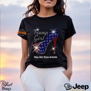 Trump Girl with Patriotic American Flag High Heel Stiletto RHINESTONE Mega Bling Shirt MEGA Trump 47 Take Back America I Stand With Trump0