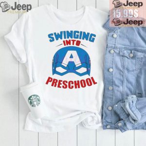 Captain america swinging into preschool shirt0