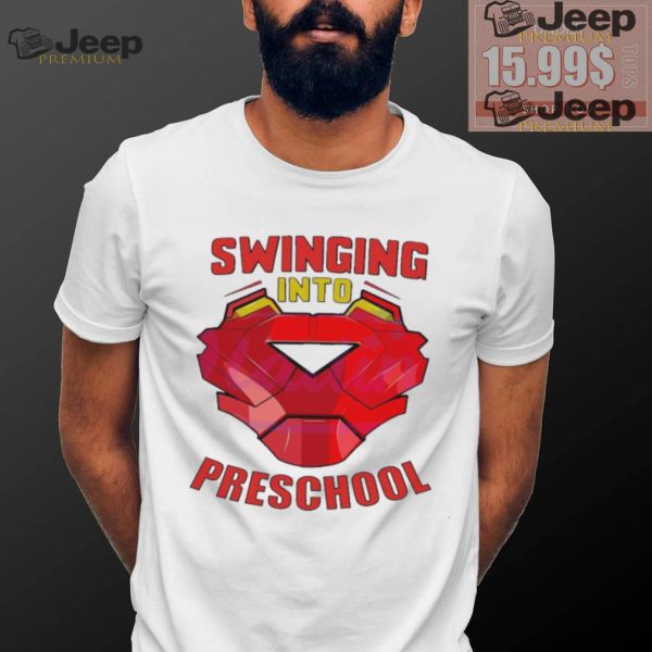 Iron man swinging into preschool shirt1