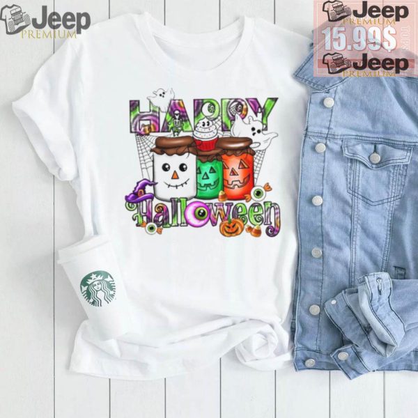 Happy Halloween Shirt Cute Ghosts Pumpkin Jars Design Womens Fall T Shirt0