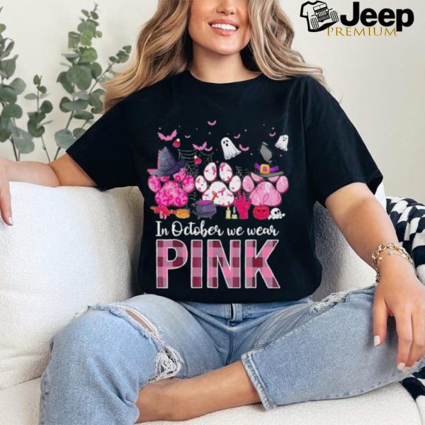 In October We Wear P.I.N.K Breast Cancer Halloween Dog Paws Shirt