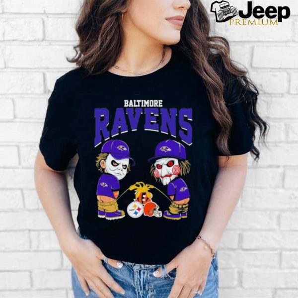 Michael Myers And Billy The Puppet X Baltimore Ravens Pee On NFL Teams Halloween Shirt