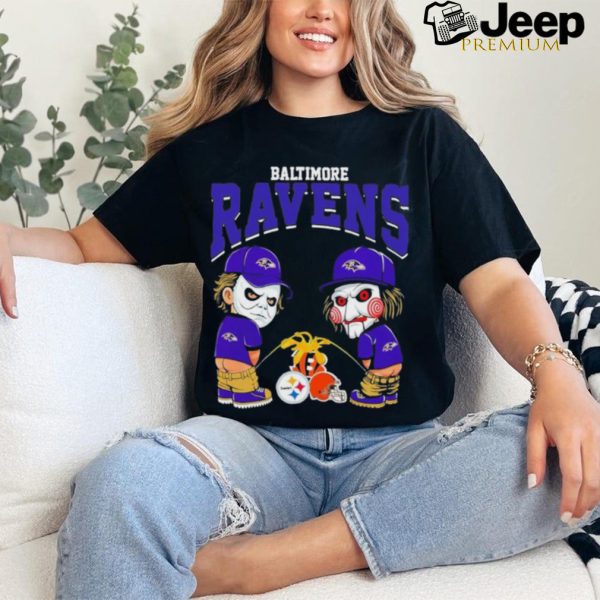 Michael Myers And Billy The Puppet X Baltimore Ravens Pee On NFL Teams Halloween Shirt